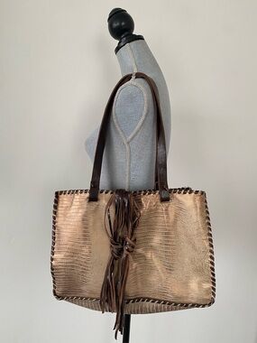 Carla Mancini Metallic Tan & Dark Brown Croc Textured Tote Bag Leather Tassels